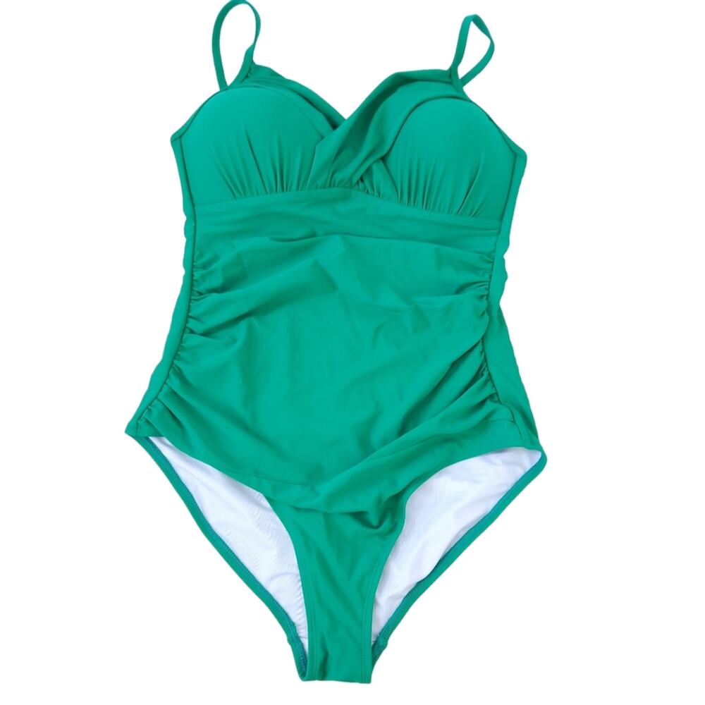 NEW Hilor One Piece Swimsuit Size 10 Kelly Green, Ruching, Sof Shell Cups, Swim